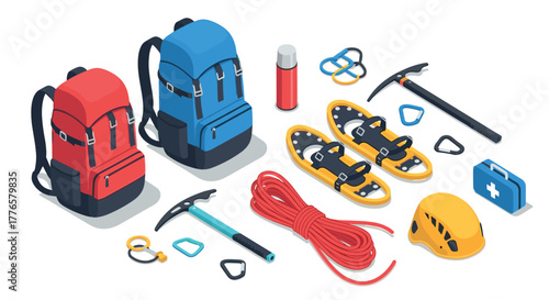 Essential isometric hiking and mountaineering gear in bold colors