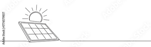 Continuous line drawing of a solar panel with sun rays, symbolizing renewable energy and environmental technology, isolated on a white background.