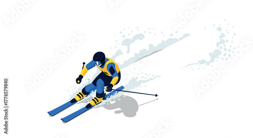 Dynamic skier in action modern isometric design with vibrant colors