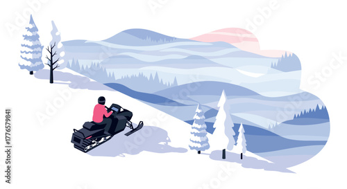 Winter adventure snowmobile journey through scenic snowy landscape