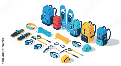 Outdoor winter adventure gear showcase featuring backpacks, snowshoes, and climbing equipment in isometric design