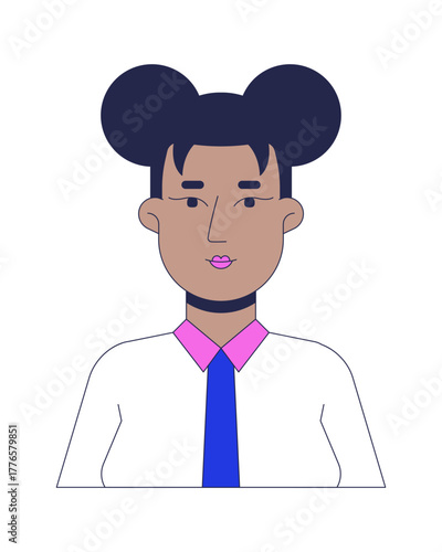 Professional black woman with space buns and tie 2D avatar human face. African american female employee in office attire cartoon illustration character portrait isolated. Flat user profile color image