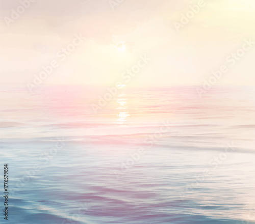 Scenic pink and yellow ocean sunrise view vector design frame. Tranquil costline horizontal panorama card. Idyllic sea in the morning. Wedding invitation landscape template. Elements are editable.