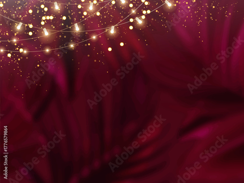 Classic magenta tropical forest foliage vector background. Dark palm leaves wedding invitation. Exotic tree card texture. Starring sky art. Wine save the date. Elegant outdoor party template garland