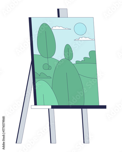 Easel with landscape painting 2D cartoon object. Unfinished canvas art stand. Artistic talent. Hillside tree scenery artwork isolated element flat vector clip art on white. Spot illustration
