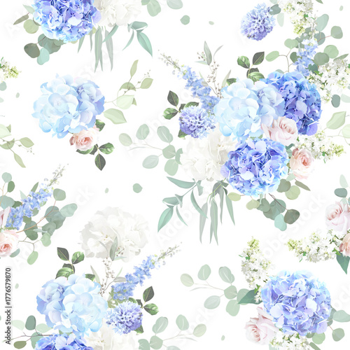 Bridgerton inspired pastel floral vector design pattern. Blue delphinium, white peony, pink rose, magnolia, hyacinth, hydrangea, greenery and plants. All flowers and branches are isolated and movable.