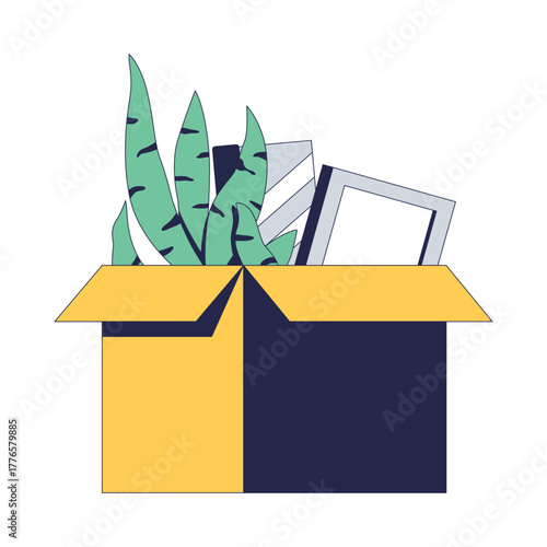 Open box with personal belongings 2D cartoon object. Snake plant, picture frame. Leaving job. Cardboard filled with office items isolated element flat vector clip art on white. Spot illustration