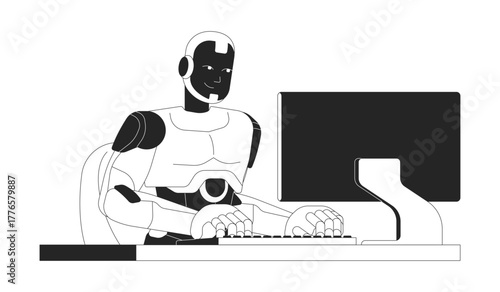 AI robot using computer for office work 2D line character. Digital workspace. Artificial intelligence at desk, typing keyboard isolated vector ink outline personage. Monochromatic spot illustration