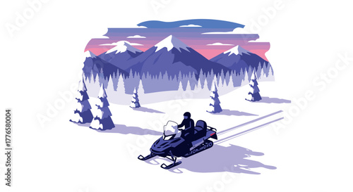 Winter adventure snowmobile ride through scenic mountain landscape at dusk