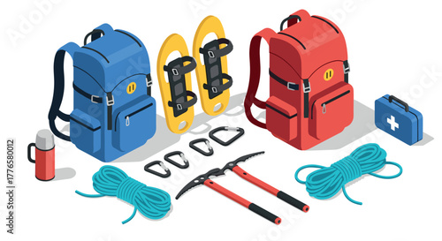 Outdoor adventure gear collection in isometric style featuring backpacks and climbing equipment