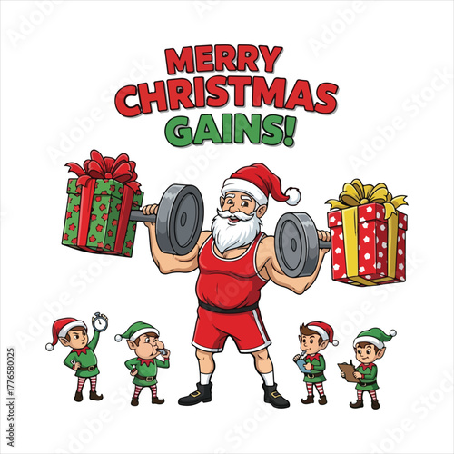 Muscular santa claus lifting weights with christmas gifts. Christmas vector art.