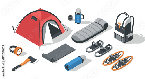 Isometric camping gear set including tent, sleeping bag, hiking backpack, and more