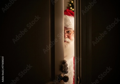 Santa's Secret Peek From a Doorway On Christmas Eve