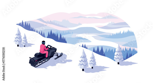 Isometric winter landscape with snowmobile and scenic view of snowy hills