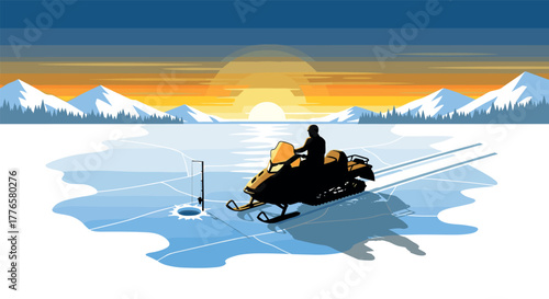 Snowmobile adventure on frozen lake at sunset with scenic mountain view