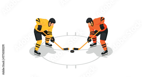 Ice hockey faceoff between two players in colorful gear