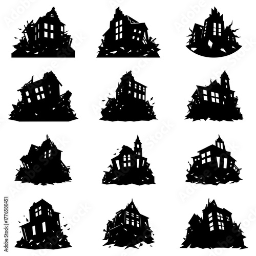 Spooky haunted houses silhouette collection ready for Halloween designs, eerie vector illustration for holiday projects, ghostly homes in the night