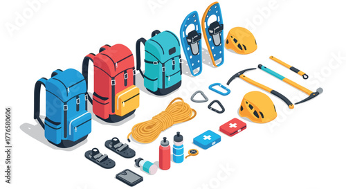 Comprehensive isometric hiking and climbing gear set with backpacks, safety equipment, and accessories