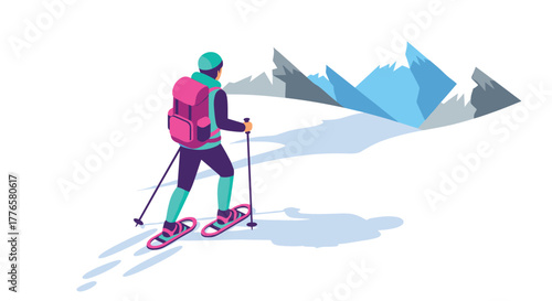 Isometric winter adventure snowshoeing journey through icy mountain landscape