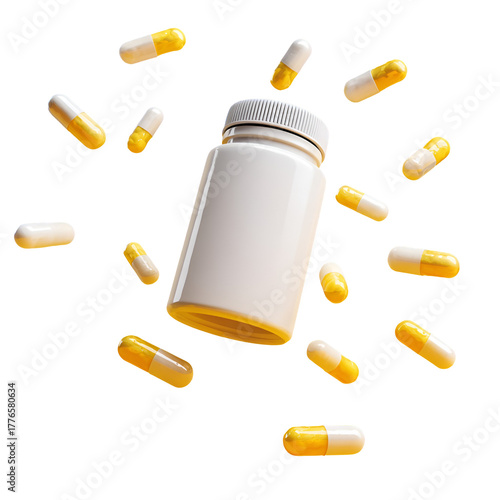 White pill bottle with capsules floating around it isolated on transparent background