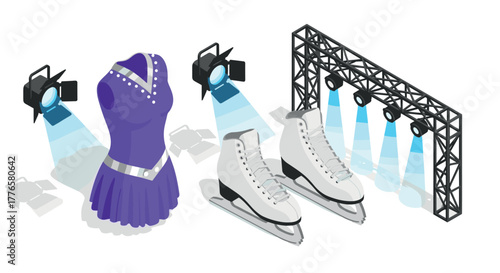 Isometric ice skating scene with dress, skates, and spotlight on stage