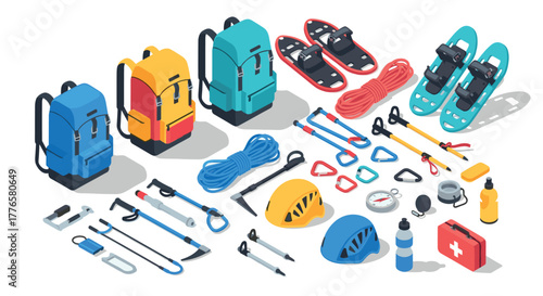 Outdoor adventure gear collection featuring backpacks, snowshoes, and safety equipment in isometric design