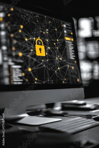 Digital security network with locked padlock symbol, emphasizing online protection and privacy