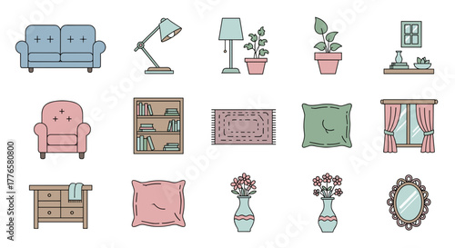 Illustrated furniture and decor elements in pastel colors and simple style  