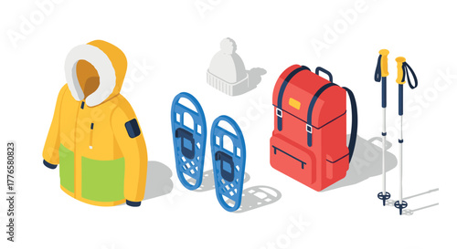 Winter hiking gear in isometric style featuring jacket, backpack, snowshoes, hat and poles