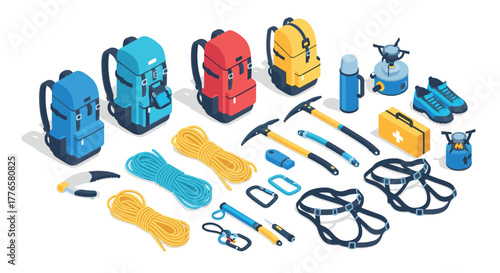 Outdoor adventure gear with hiking backpacks and climbing equipment in isometric style