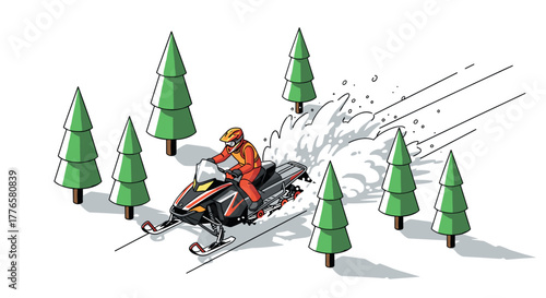 Snowmobile adventure in a winter forest with pine trees and rider in motion