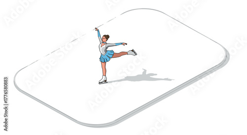 Elegant ice skater performing on ice rink in isometric style
