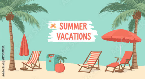 Summer vacation scene with palm trees, beach chairs, and umbrellas  