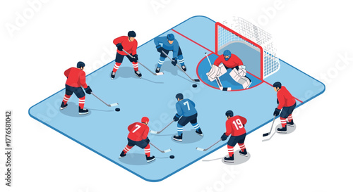 Ice hockey players in action on rink with goalkeeper and net in isometric style