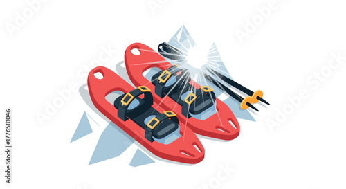 Red snowshoes and poles with sparkle on ice in modern graphic art