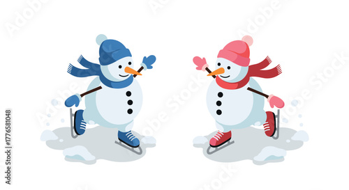 Cheerful snowmen ice skating with colorful winter accessories in flat style