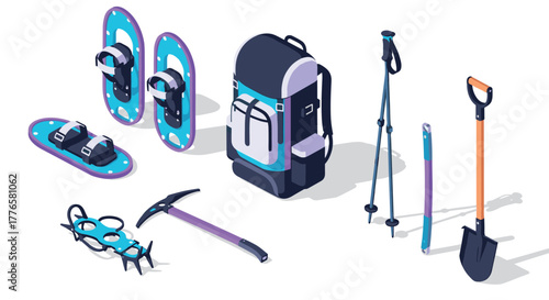 Winter hiking gear isometric set featuring snowshoes, backpack, poles, ice axe, and shovel