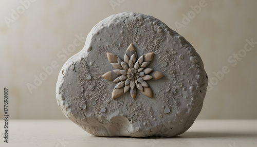 Textured ceramic stone with floral relief design, artistic style, neutral colors, copy space