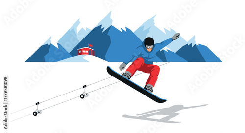 Snowboarder jumps in winter mountain landscape with blue skies and snowy peaks