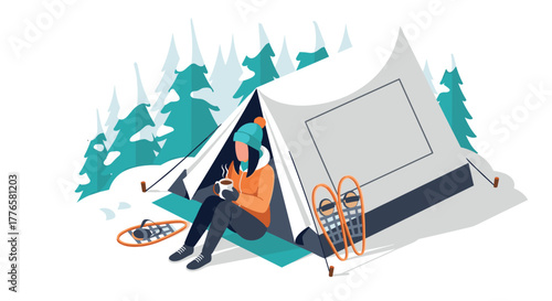 Winter camping adventure cozy tent with snowy pines