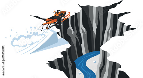 Thrilling snowmobile jump over rocky canyon with dynamic winter action