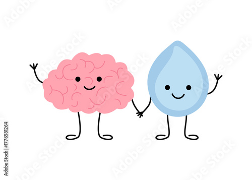 Brain character with water drop. Cute cartoon brain promoting hydration and healthy mind. Concept of smart health and intelligent well-being. Vector illustration