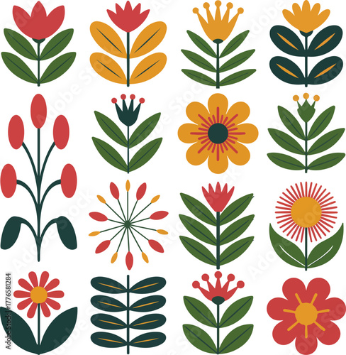 Assortment of stylized folk art flowers and plants