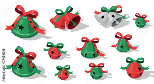 Festive christmas bells with holiday ribbons in isometric style for seasonal decor