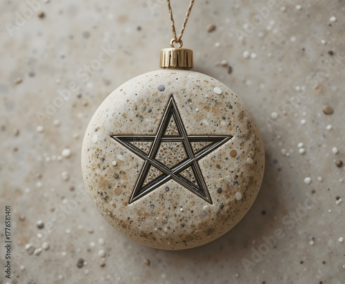 Decorative ceramic ball ornament with star design, elegant style, earthy tones, copy space