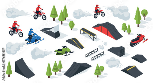 Isometric winter sports scene with snowmobiles and dirt bikes on ramps