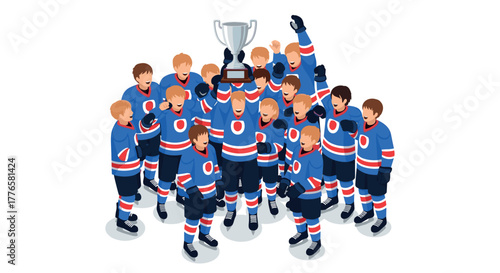 Championship celebration with happy ice hockey team holding trophy