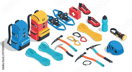Isometric hiking gear set backpacks, climbing tools, safety equipment, and more