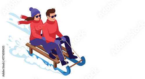 Couple sledding in winter fun in the snow with warm clothing and sunglasses