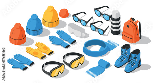 Stylish winter gear collection in isometric design featuring accessories and equipment